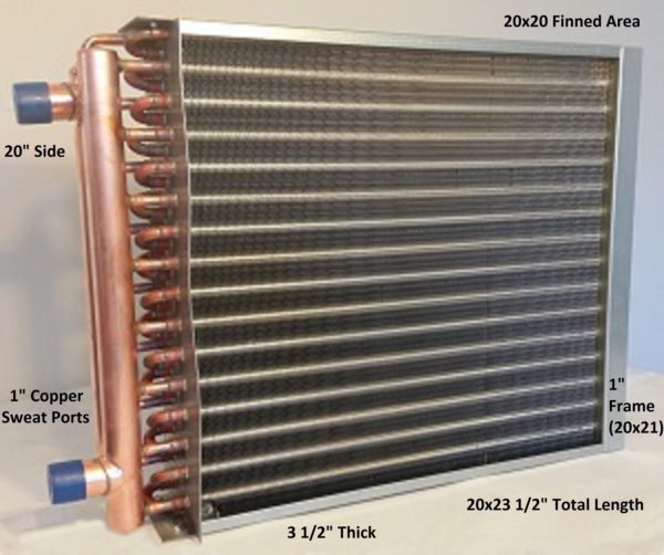 20x20 Water to Air Heat Exchanger 1" Copper Ports With Install Kit